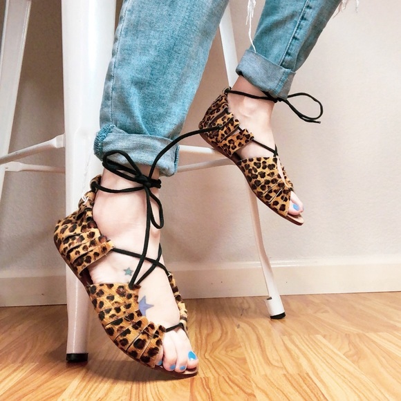 Zara Leopard Faux Fur Strappy Sandals - Picture 1 of 8